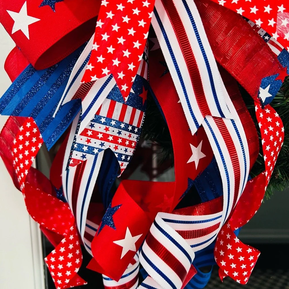 XL Patriotic Red, Navy & White Ribbon Bow Wreath Accent Handmade